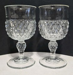 Vintage Indiana Glass Diamond Point Clear Water Wine Goblets Set of 2 1970s