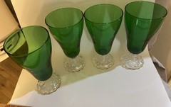 Mid Century Emerald Green Glass Goblets Clear Scalloped Foot Set of 4