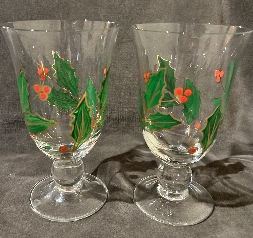 Pair 2 Lenox Holiday Holly Berry Gold Wine Iced Tea Glass Water Goblet Christmas