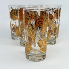 RARE Vtg Culver Textured Sea Shell Highball Tumbler 22K Gold Glass Set Cup MCM
