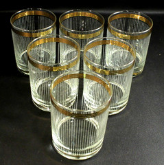 Culver Linear MCM Old Fashion Glasses Set of SIX * 4 1/8″ Tall Gold Bands NICE