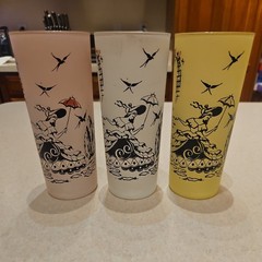 3 Libbey SOUTHERN BELLE Frosted Tom Collins Glasses, pink, white, and yellow