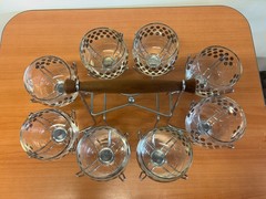 Mid Century Glass Silver Polka Dots Roly Poly Barware Set w/ Caddy MCM