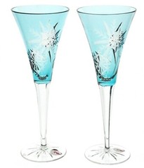 2 Waterford Aqua Blue Snow Crystals Cut to Clear Wine Champagne Flute New No Box