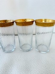 SET OF 6 VINTAGE CLEAR GLASS CUPS GOLD GILT RIM FLORAL SCROLL BARWARE