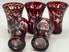 Set of 5 Shot Liquor Glasses Ruby Cut to Clear Bohemian Glass Motif Animals