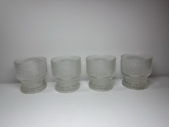 Vintage Krosno Poland Bark Textured Ice Glass Footed Tumblers Set of 4 MCM