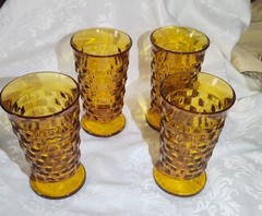 Set Of 4 Vintage Colony Whitehall Amber Glass Footed Iced Tea Tumblers
