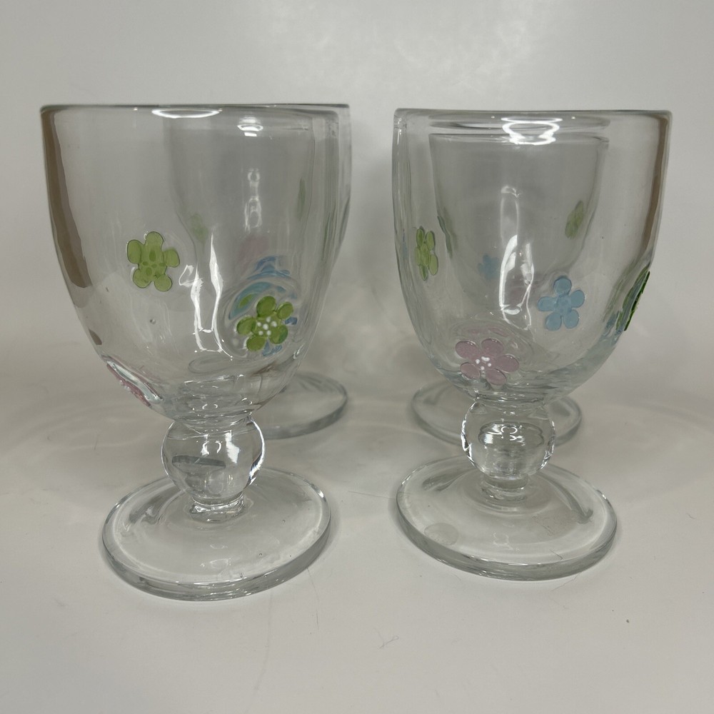 Set Of 4 Glass Goblets With Pink, Green, And Blue Applied Flowers Fused Glass