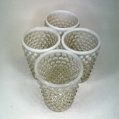 Tea Water Picture Cup Set Blue Opalescent Moonstone Hobnail Anchor Hocking Glass