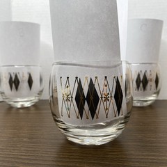 Vintage Federal Glass MCM Gold Black Harlequin Roly Poly Atomic Set of 3 Barware