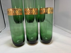 6-VTG MCM EMERALD GREEN TOM COLLINS GLASSES W GOLD LEAF RIM DESIGN