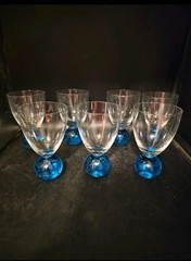 Vintage MCM Aqua Blue Murano Style Ball Bottom Wine Glasses, Set Of Seven