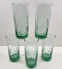 (5) Libbey Iris Spanish Green Tumblers Set Flower Embossed Textured Glasses Lot