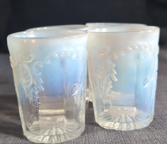 Set of 4 Blue/White Opalescent Pressed Glass Tumbler Drinking Glasses, Northwood