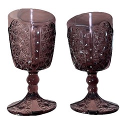 2 LG Wright Purple Amethyst Glass Daisy And Button Thumbprint 6” Water Goblet