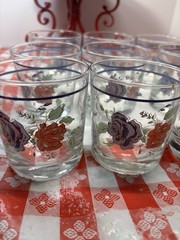 Vintage Anchor Hocking Rock Clear Glasses Set of Nine Pink-Blue Floral Appliqué