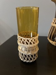 Vintage Mid-Century Amber Glass Orangeade Set – 7 Pcs With Removable Sleeves