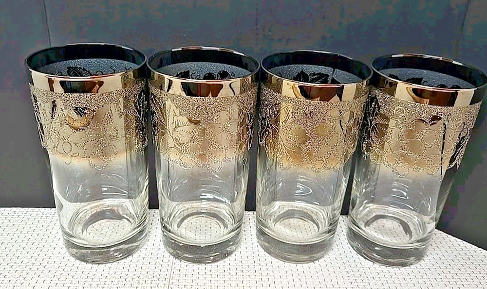 (4) Vitreon Queens High Ball Glasses Grape Vine Silver Fade 12 oz. Tumbler 5.5 «