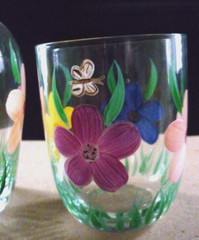 Tumble Up Hand Painted Pitcher Carafe Flowers Butterfly Clear Glass Vintage