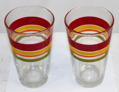 2 MCM Fiesta Style Glass Tumblers Four Heavy 16oz Red Green Yellow Orange Stripe