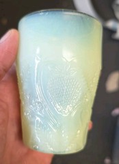1890S ATLAS GLASS STRAWBERRY SCROLL CUSTARD GLASS TUMBLER LOT OF 5 URANIUM