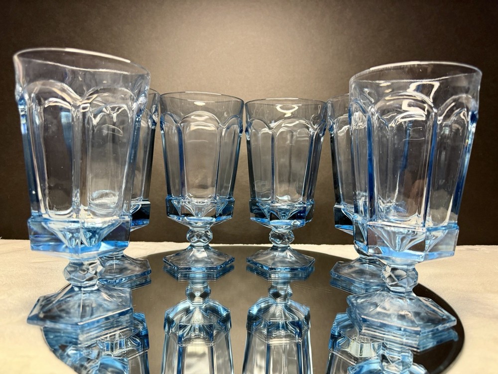 6 Vintage Fostoria Virginia Blue Glass Water Tea Goblets Hexagon Base Glasses
