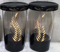 2 Federal Glass E.T Nash Co. Handpainted Black & Gold Tumblers w/Metal Lid