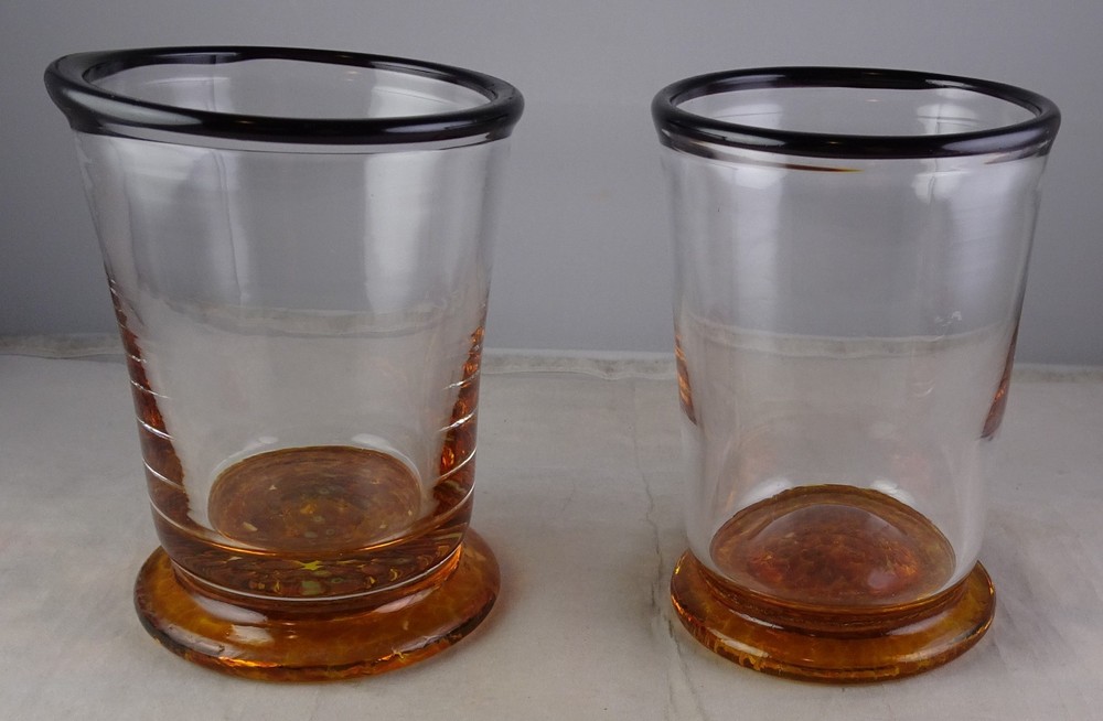 Pair Signed Studio Art Glass Small Tumblers Amber Foot Black Rim