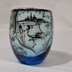Vintage Venetian Gondola Themed Blue Cordial Glasses 24k Gold Trim BEAUTIFUL
