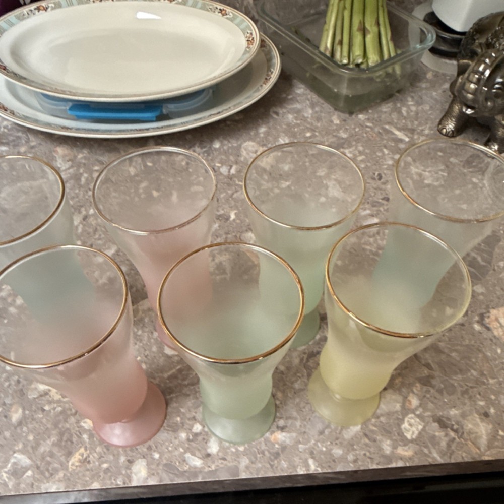 Set of 6 Frosted Multicolor Glass Tumbler Glasses with Gold Rim