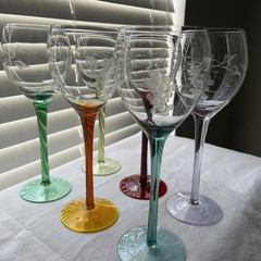 6 Vintage Etched Glass Wine Glasses With Different Color Stems Beautiful