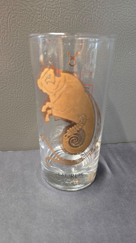 Vintage Taurus Zodiac Tumbler Drinking Glass Clear Gold Bull Astrology Barware