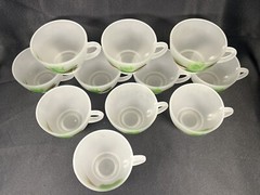 VTG Set 11 Gay Fad Green Ivy Punch Cups Frosted Hazel Atlas Federal Glass