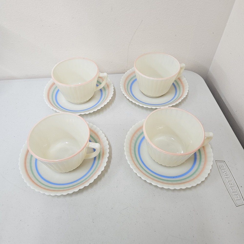 4 Sets Petalware Pastel Bands Cremax Glass Cups & Saucers Macbeth Evans 1930s