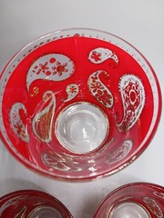 Rare Vintage MCM Culver Red Gold Paisley Old Fashioned Cocktail Glasses Set of 3