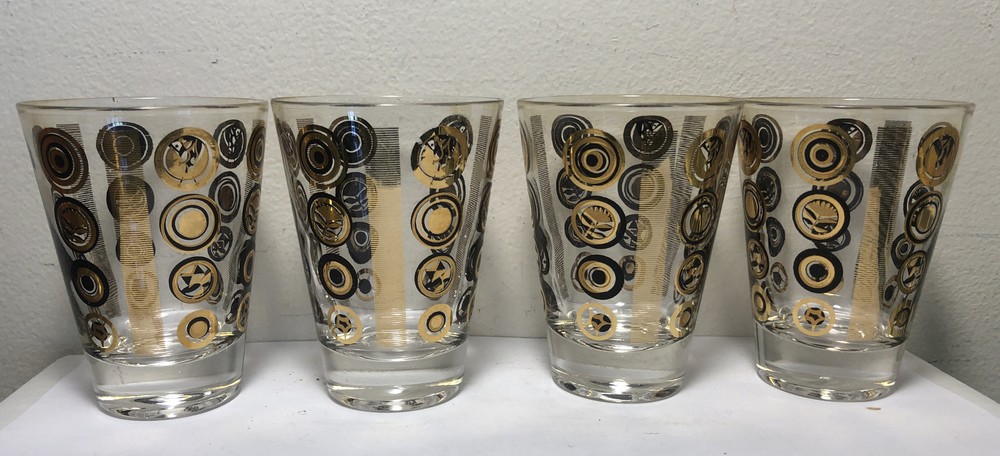 Vintage 4 Retro 4oz Clear Glass Drinking Glasses Gold & Black Abstract Design