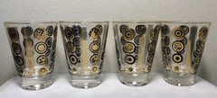 Vintage 4 Retro 4oz Clear Glass Drinking Glasses Gold & Black Abstract Design