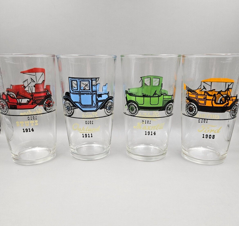 Vintage Mid-Century Hazel Atlas Antique Automobiles 24 oz Glass Tumbler Set of 4