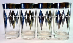 Vintage 4 Dorothy Thorpe Harlequin Diamond Fleur de Lis Drinks Glasses Silver