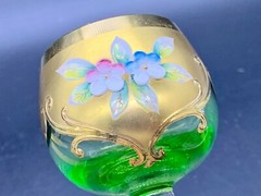 VINTAGE BOHEMIAN GLASS GOBLET HEAVY RAISED GOLD ENAMEL FLOWERS APPLIED STEM