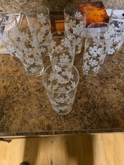 Vintage MCM Clear White Snowflake Highball Glasses Set Of 8. Excellent Condition