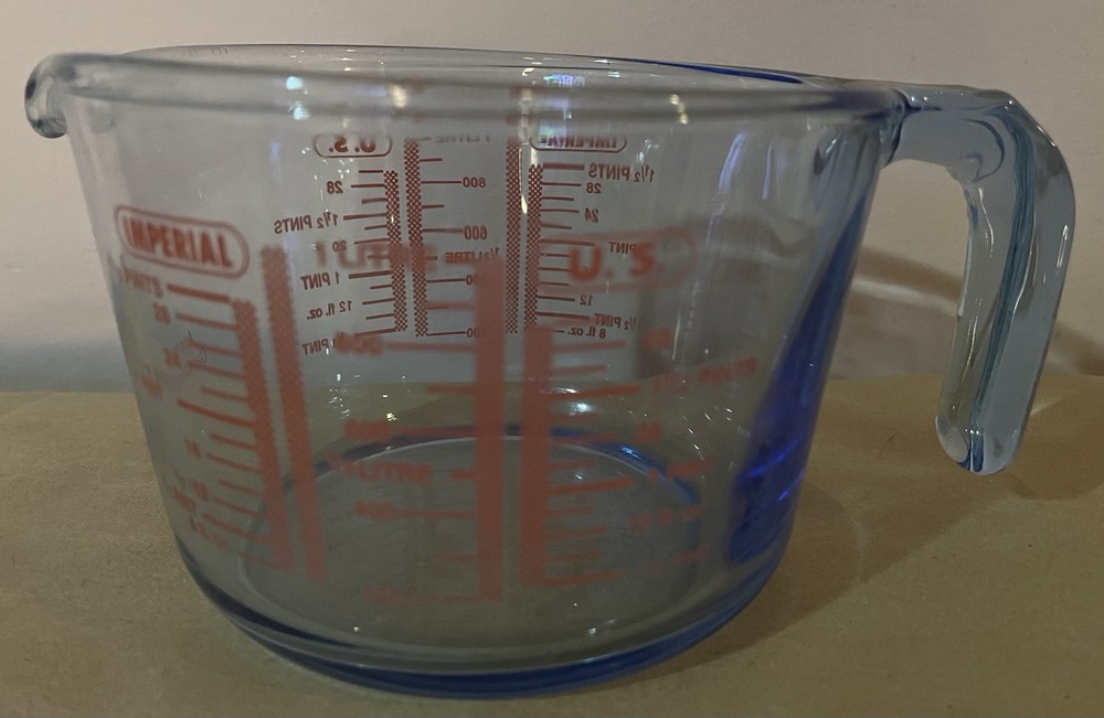 Vtg. Royal Doulton Cobalt Blue Tint Liter Glass Measuring Cup Imperial Metric US