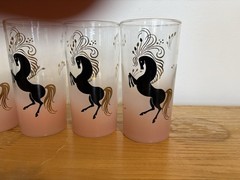 Set of four vintage Libbey frosted pink highball glasses horses 22K Gold Accents