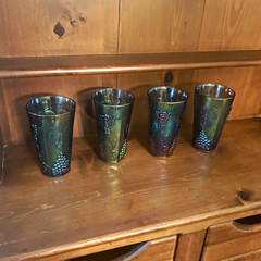 four vintage 1970s Indiana Glass «Harvest Grape» iridescent blue glasses