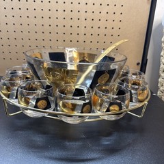MCM Vintage Punch Bowl, Bar Cart Clocks Black Gold 12 Glasses Stand & Ladle,box