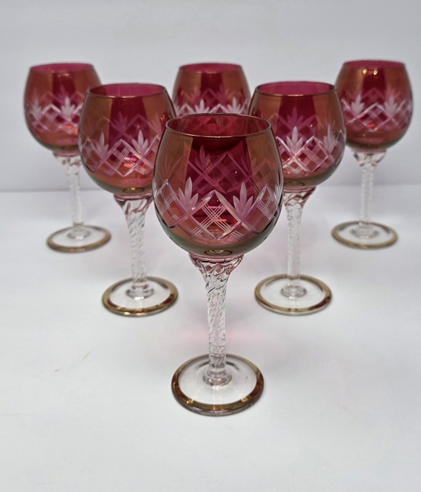 6 Vintage Red Cut Glass Romer Style Wine Glasses Twisted Stem & Gold Rim Base