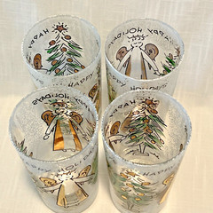 SET OF 4 Vintage JOHN SUTTON Gold ANGELS & TREES Frosted Glass Tumblers RARE