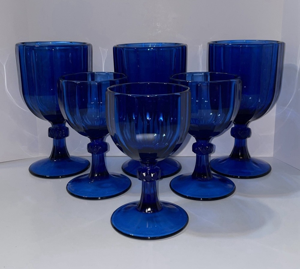 Cobalt Blue Bevel Goblets 3 Large 3 Small Diamond Cut Knob Stem Beveled To Base