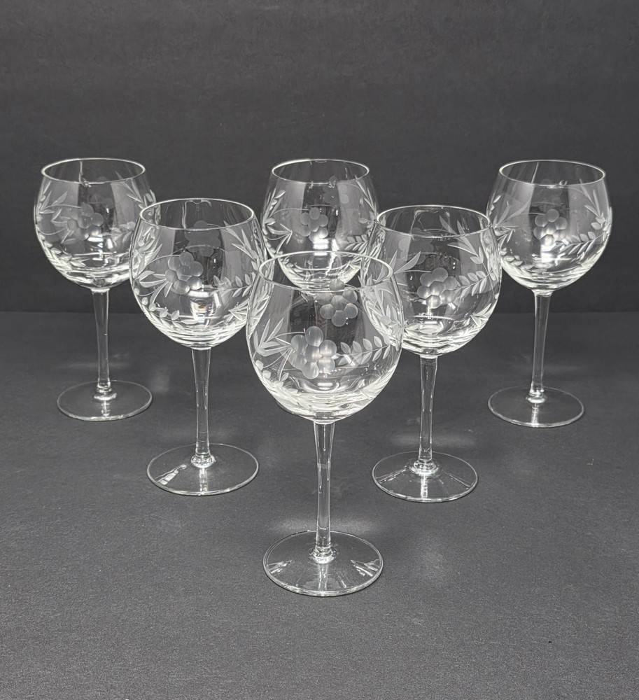 Set Of 6 Vintage Gray Cut Etched Crystal Wine Glasses With Floral Design